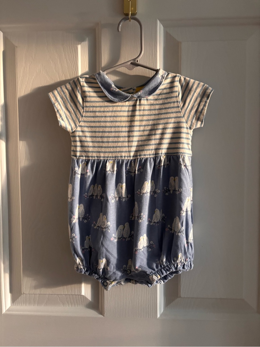 Boden Blue and Cream Striped Baby Romper with Yellow Neck Trim